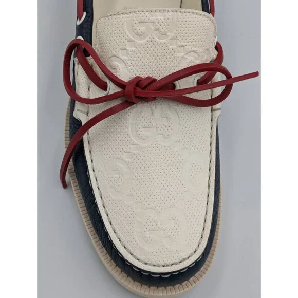 Gucci Men's Riverside Moccasin Calfskin GG Boat Shoes Blue/Off White 745968 UK9 - Picture 6 of 12